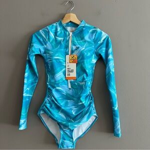 AXESEA Women Rash Guard Long Sleeve One Piece Swimsuit Zip Bathing Suit Blue  4